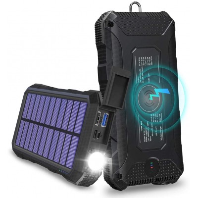 20000mAh Qi Wireless Charger Outputs High Speed Solar Power Bank for Smartphone IP66 Rating Strong Light LED Flashlights